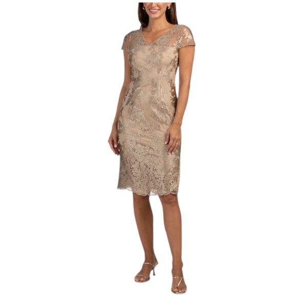 JS Collections Dresses & Skirts - JS COLLECTIONS Almond Short Sleeve Floral Embroidered Cocktail Dress
